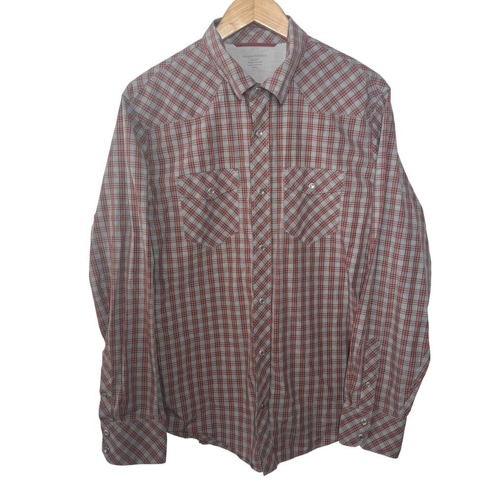Banana Republic Shirt Men Size L Plaid Slim Fit Pearl Snap Button Up Long Sleeve